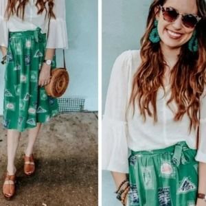 Anthropologie Porridge Getaway Travel Stamp Green Skirt Small